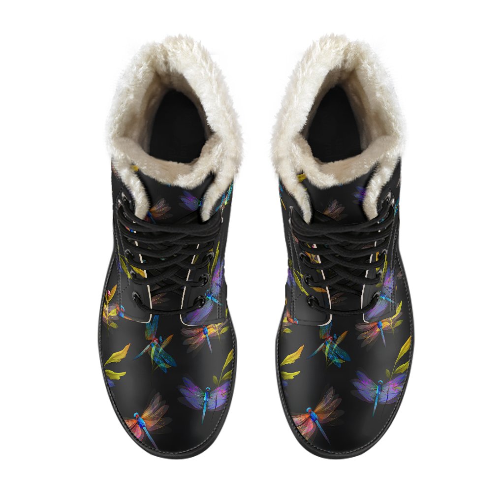 Dragonfly Colorful Realistic Print Faux Fur Leather Boots-JTAMIGO.COM