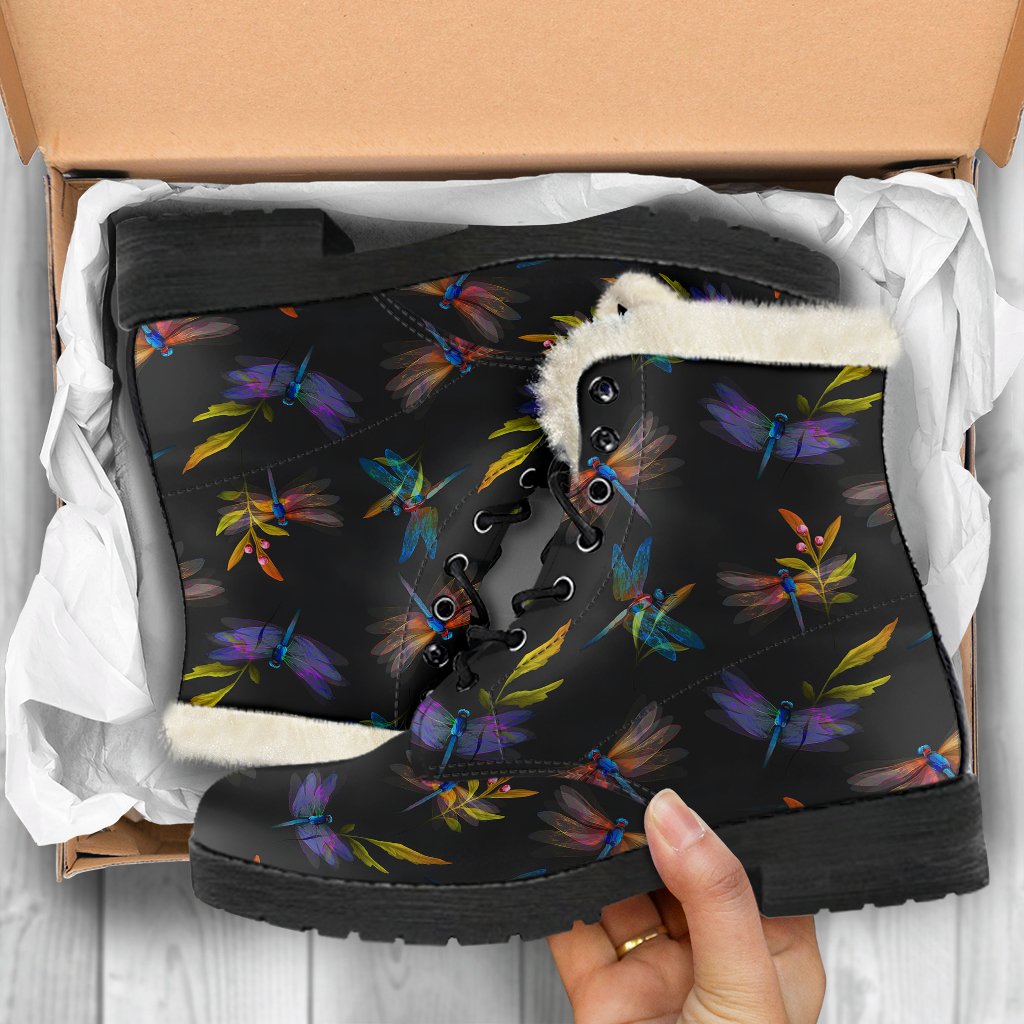 Dragonfly Colorful Realistic Print Faux Fur Leather Boots-JTAMIGO.COM