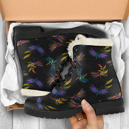 Dragonfly Colorful Realistic Print Faux Fur Leather Boots-JTAMIGO.COM