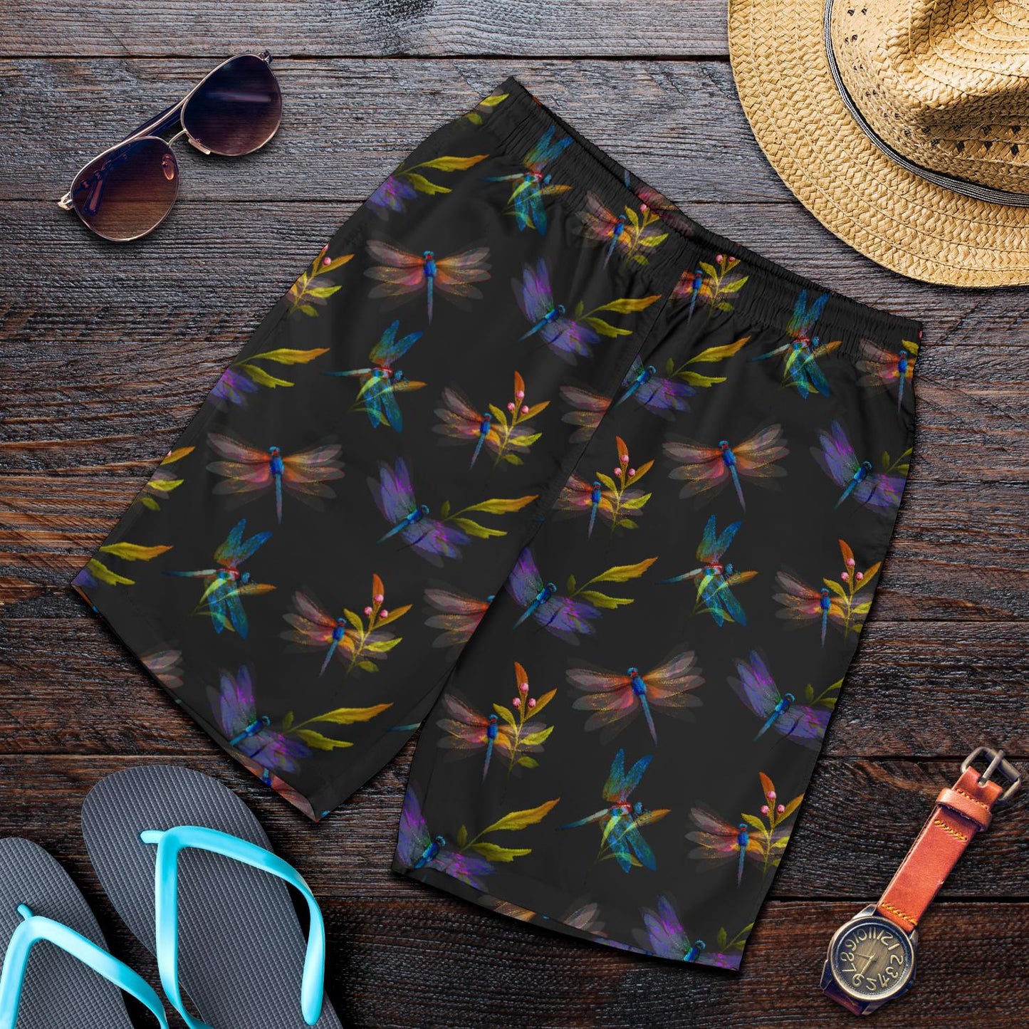 Dragonfly Colorful Realistic Print Mens Shorts-JTAMIGO.COM