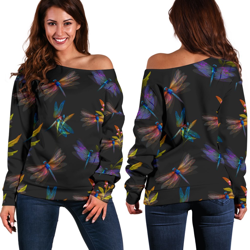Dragonfly Colorful Realistic Print Off Shoulder Sweatshirt