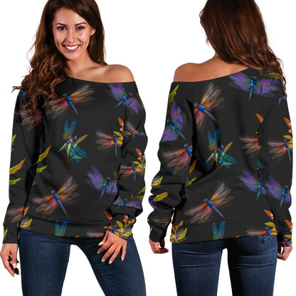 Dragonfly Colorful Realistic Print Off Shoulder Sweatshirt