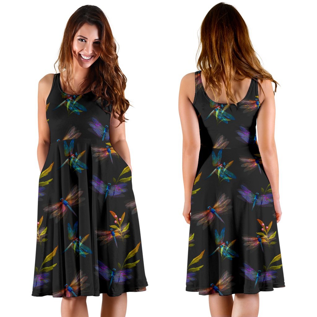 Dragonfly Colorful Realistic Print Sleeveless Dress