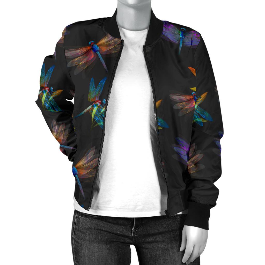 Dragonfly Colorful Realistic Print Women Casual Bomber Jacket