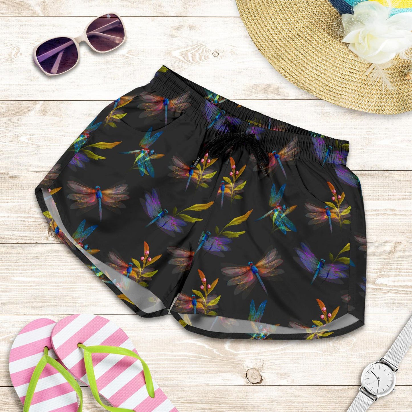 Dragonfly Colorful Realistic Print Women Shorts-JTAMIGO.COM