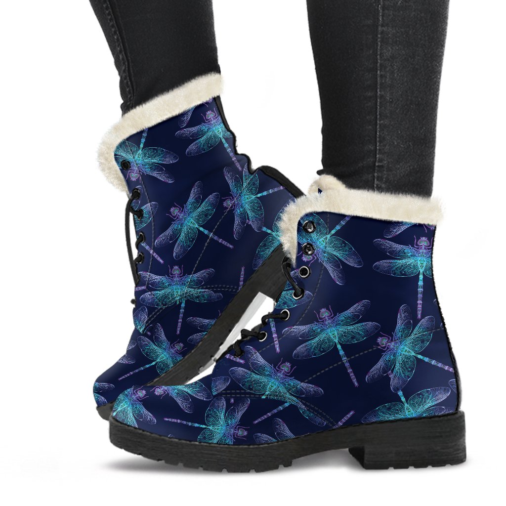Dragonfly Hand Drawn Style Print Faux Fur Leather Boots-JTAMIGO.COM