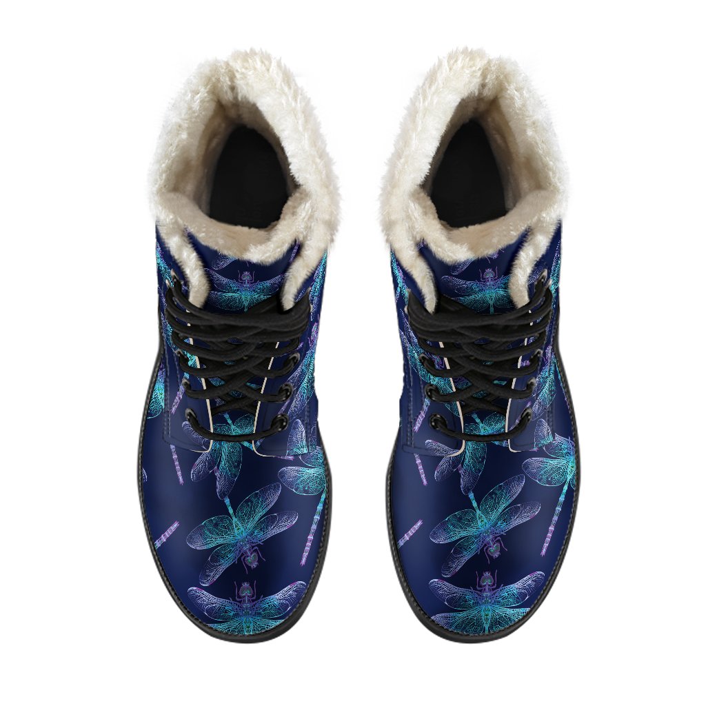 Dragonfly Hand Drawn Style Print Faux Fur Leather Boots-JTAMIGO.COM