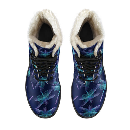 Dragonfly Hand Drawn Style Print Faux Fur Leather Boots-JTAMIGO.COM