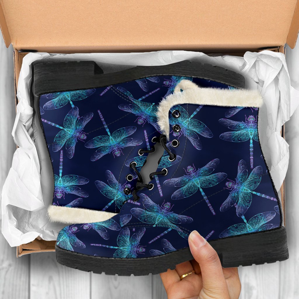 Dragonfly Hand Drawn Style Print Faux Fur Leather Boots-JTAMIGO.COM