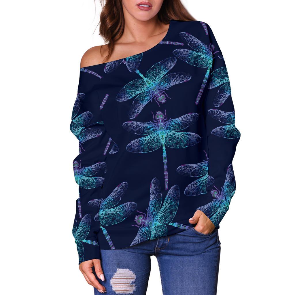 Dragonfly Hand Drawn Style Print Off Shoulder Sweatshirt