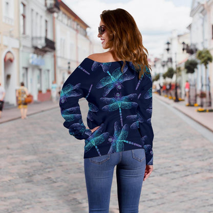 Dragonfly Hand Drawn Style Print Off Shoulder Sweatshirt