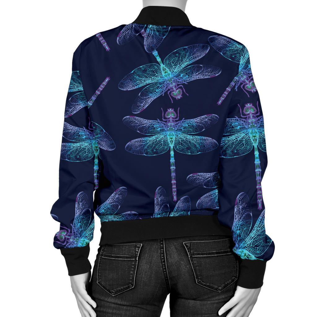 Dragonfly Hand Drawn Style Print Women Casual Bomber Jacket