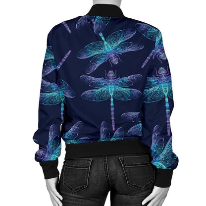 Dragonfly Hand Drawn Style Print Women Casual Bomber Jacket