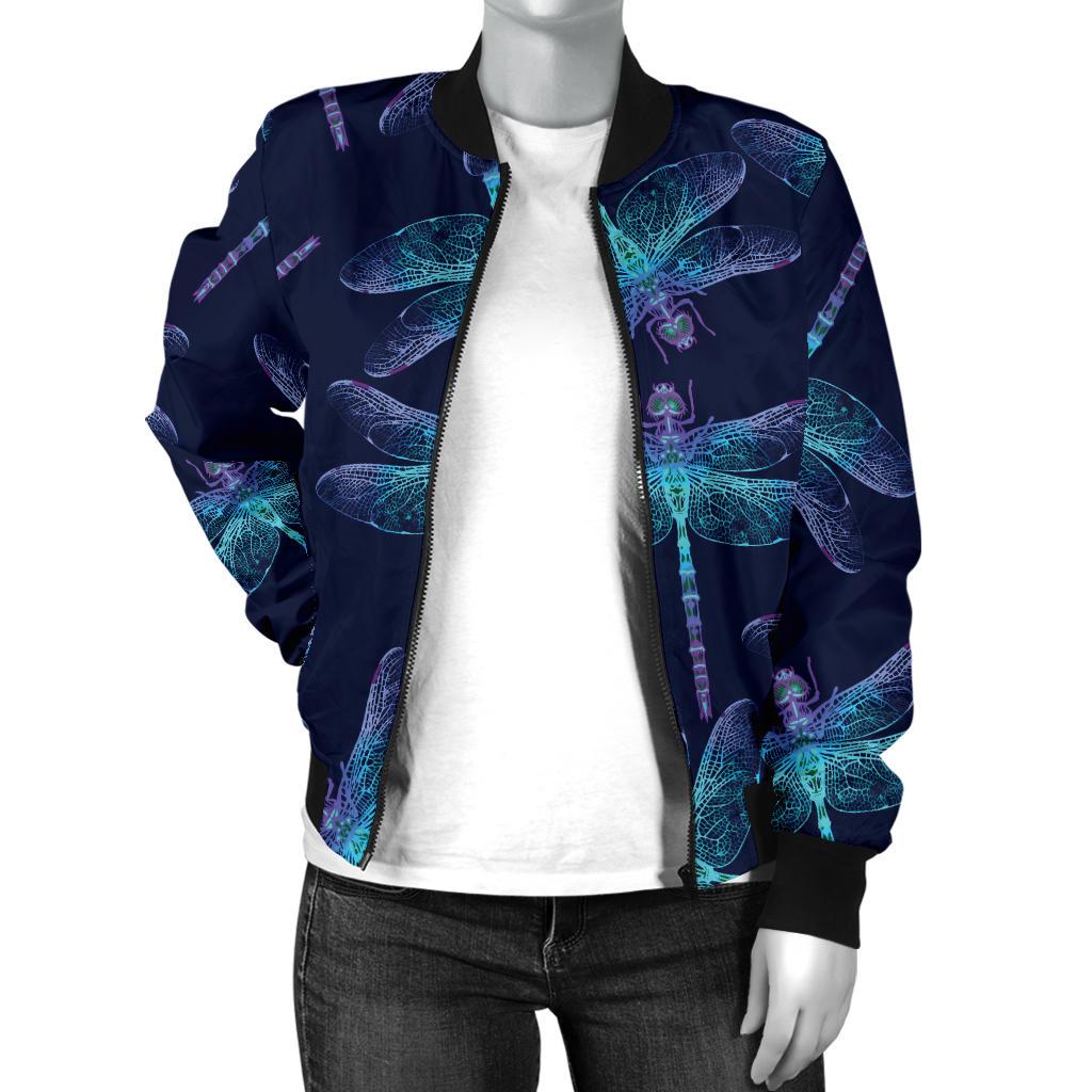 Dragonfly Hand Drawn Style Print Women Casual Bomber Jacket