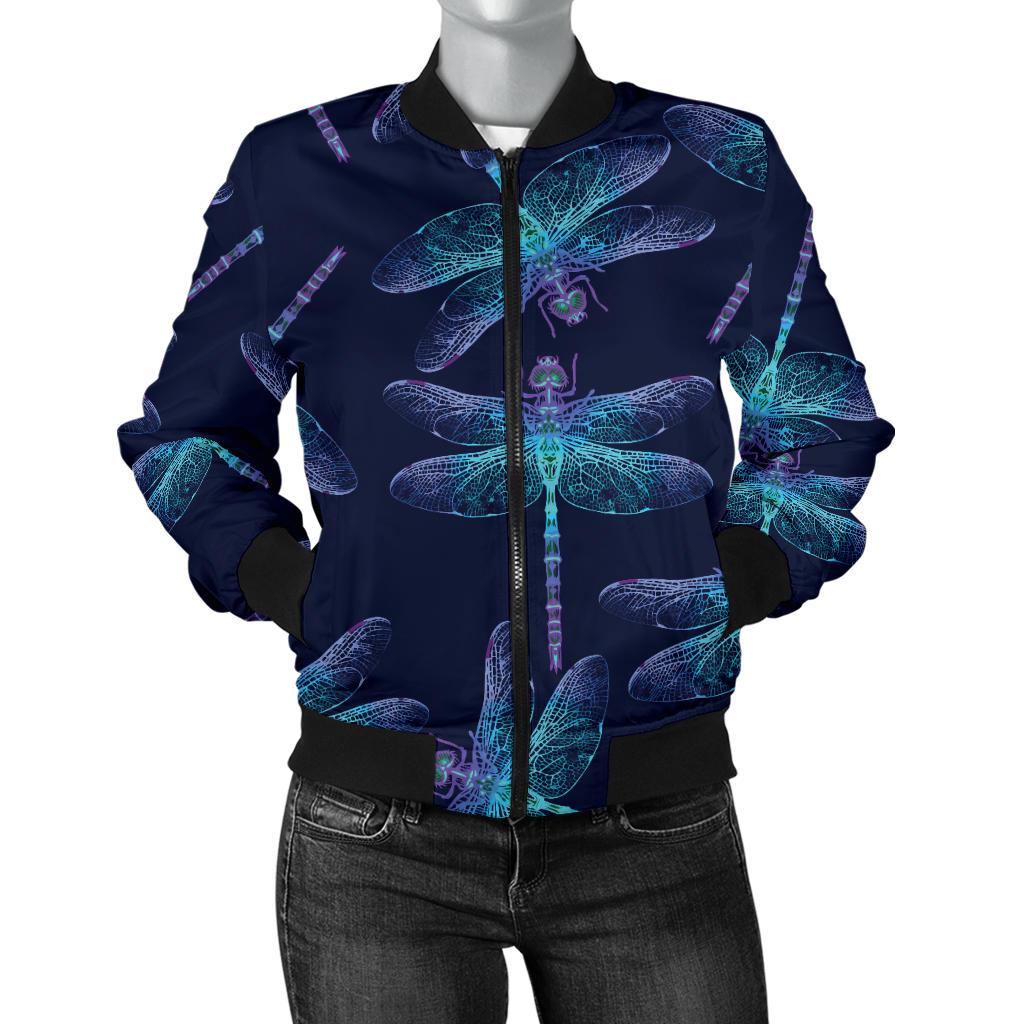 Dragonfly Hand Drawn Style Print Women Casual Bomber Jacket