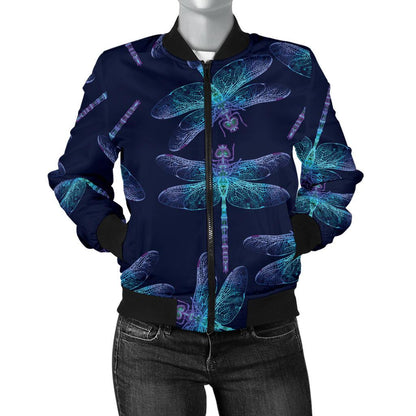 Dragonfly Hand Drawn Style Print Women Casual Bomber Jacket