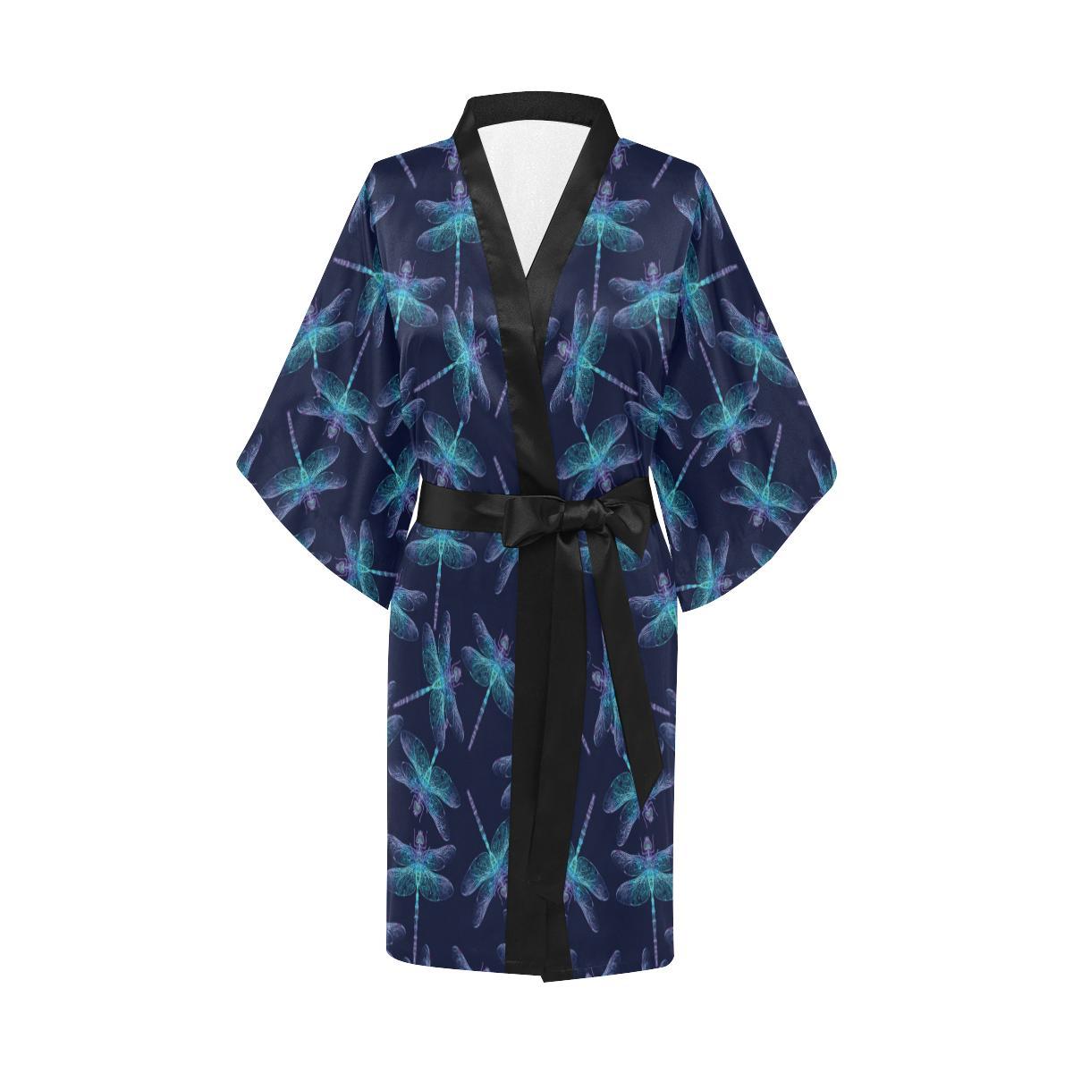 Dragonfly Hand Drawn Style Print Women Short Kimono Robe