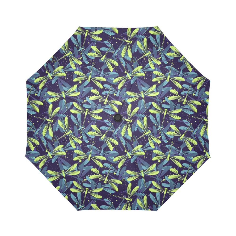 Dragonfly Lime Blue Print Pattern Automatic Foldable Umbrella