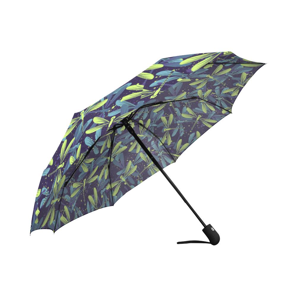Dragonfly Lime Blue Print Pattern Automatic Foldable Umbrella