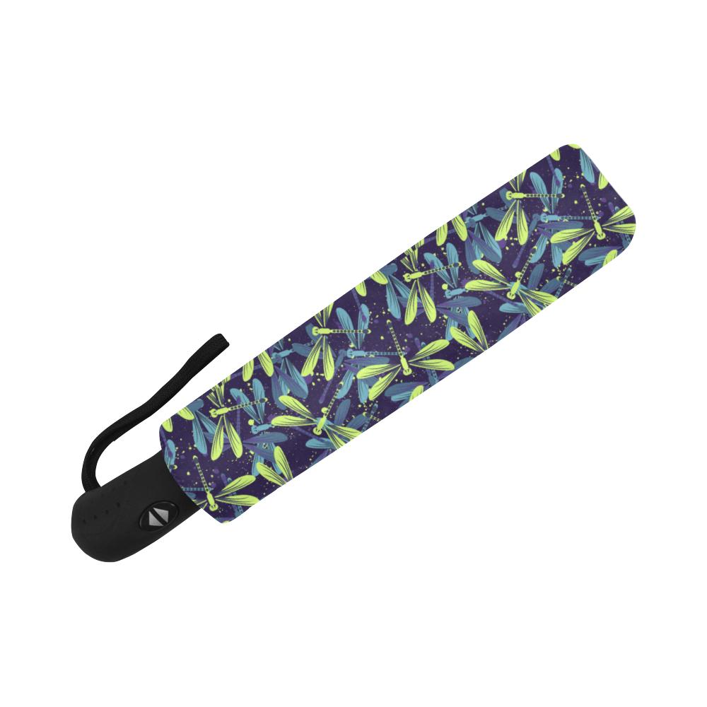 Dragonfly Lime Blue Print Pattern Automatic Foldable Umbrella