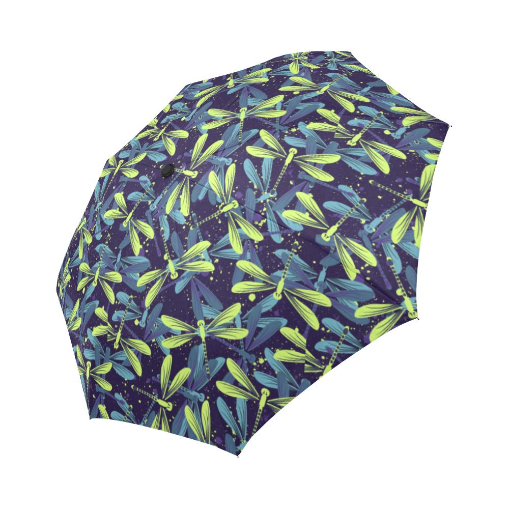 Dragonfly Lime Blue Print Pattern Automatic Foldable Umbrella