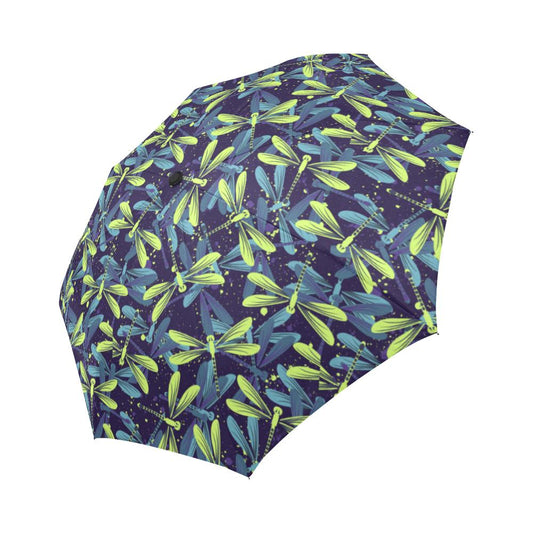 Dragonfly Lime Blue Print Pattern Automatic Foldable Umbrella