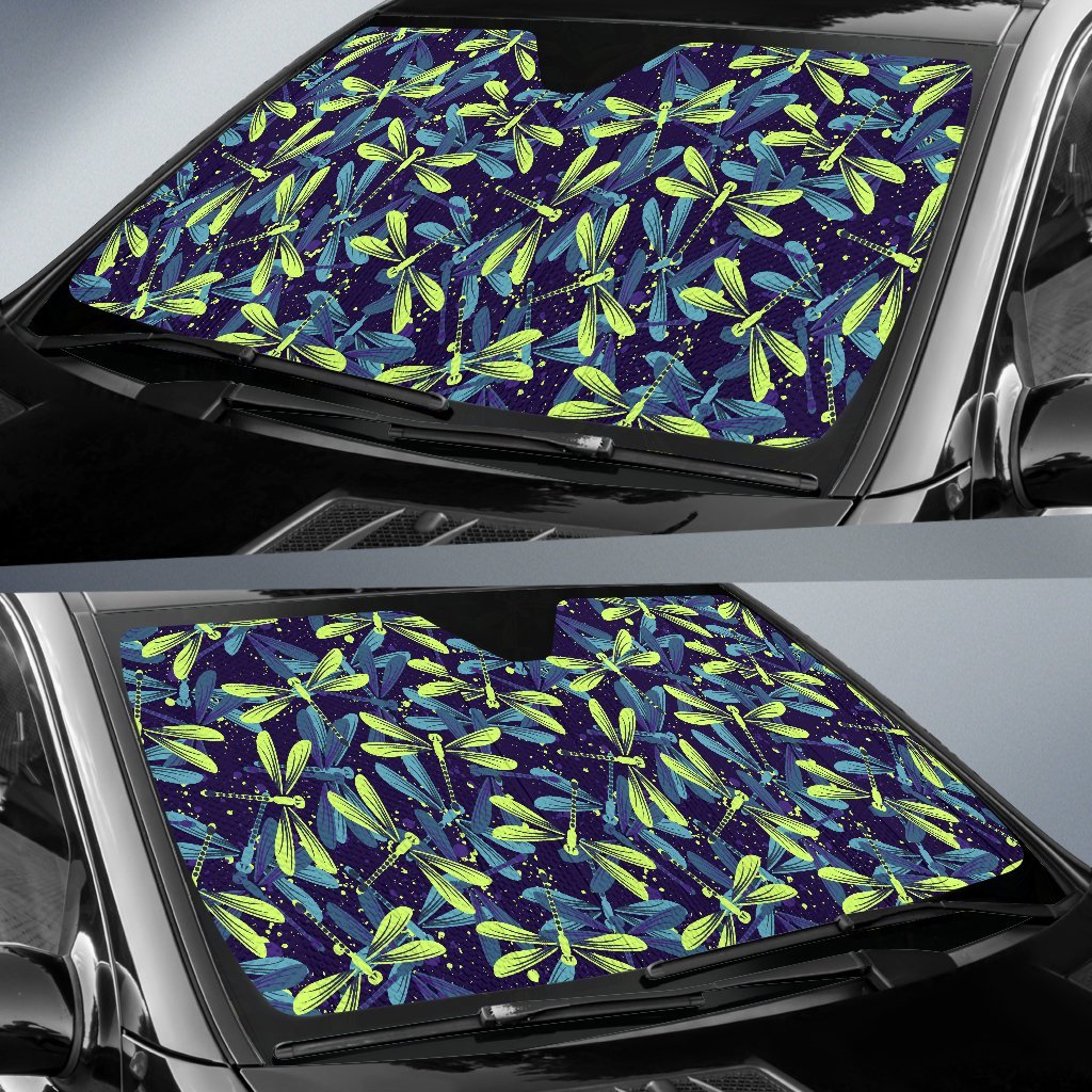 Dragonfly Lime Blue Print Pattern Car Sun Shade For Windshield