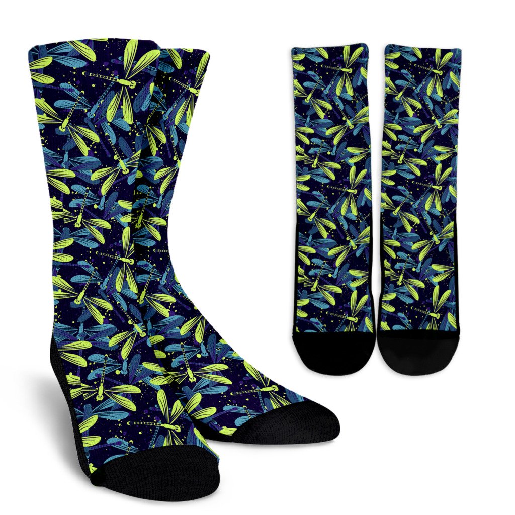 Dragonfly Lime Blue Print Pattern Crew Socks