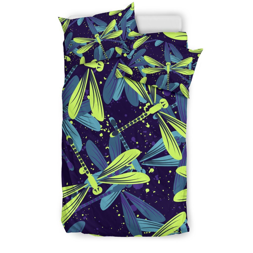 Dragonfly Lime Blue Print Pattern Duvet Cover Bedding Set