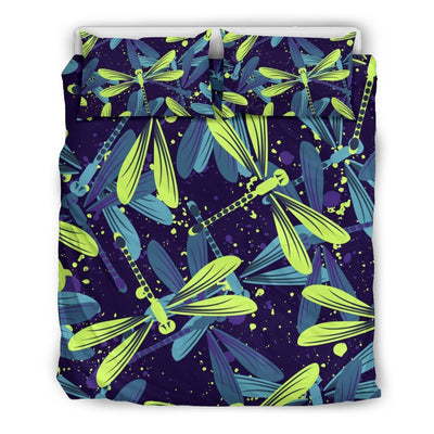 Dragonfly Lime Blue Print Pattern Duvet Cover Bedding Set