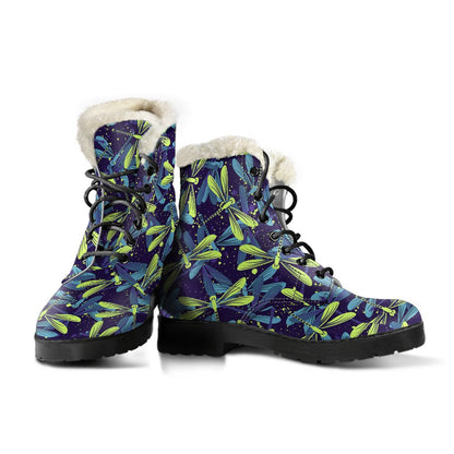 Dragonfly Lime Blue Print Pattern Faux Fur Leather Boots-JTAMIGO.COM