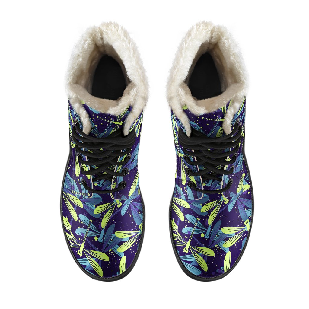 Dragonfly Lime Blue Print Pattern Faux Fur Leather Boots-JTAMIGO.COM
