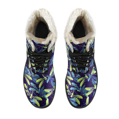 Dragonfly Lime Blue Print Pattern Faux Fur Leather Boots-JTAMIGO.COM
