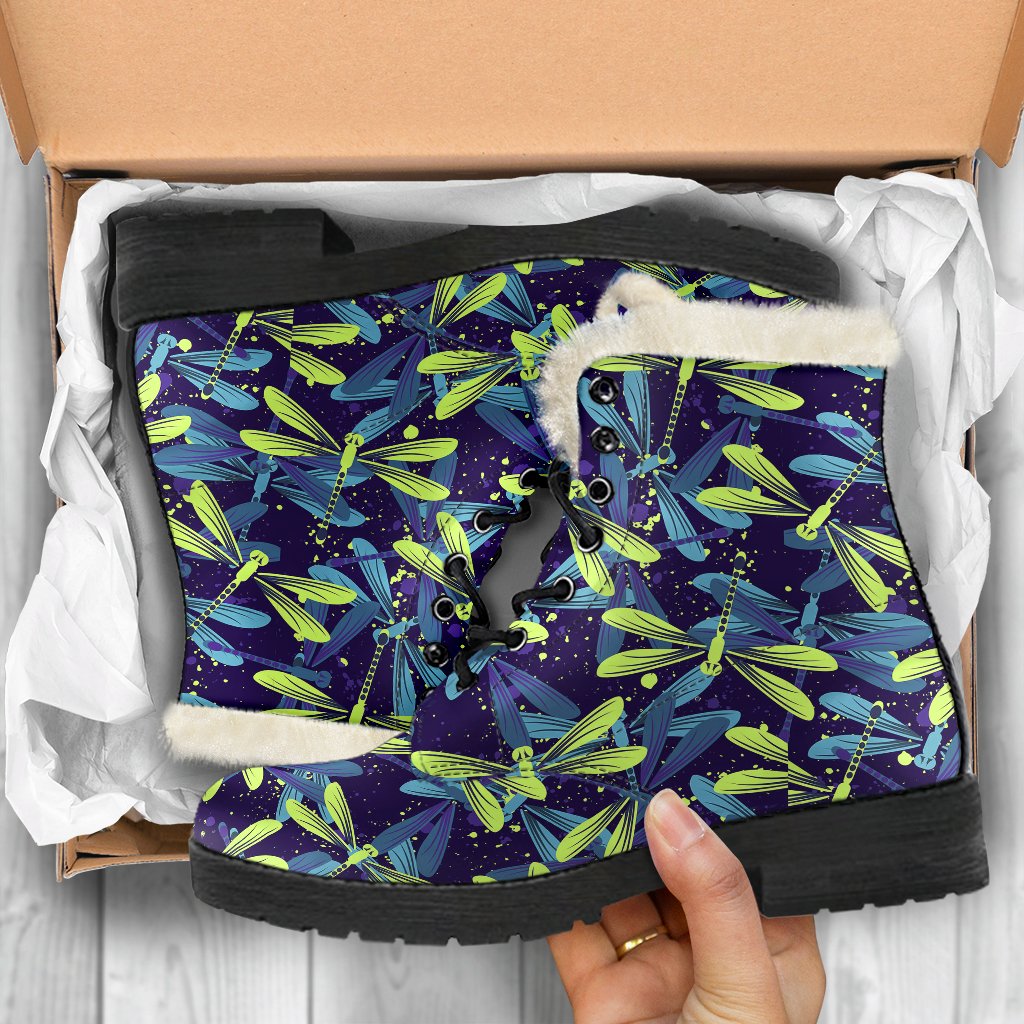 Dragonfly Lime Blue Print Pattern Faux Fur Leather Boots-JTAMIGO.COM