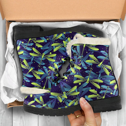 Dragonfly Lime Blue Print Pattern Faux Fur Leather Boots-JTAMIGO.COM