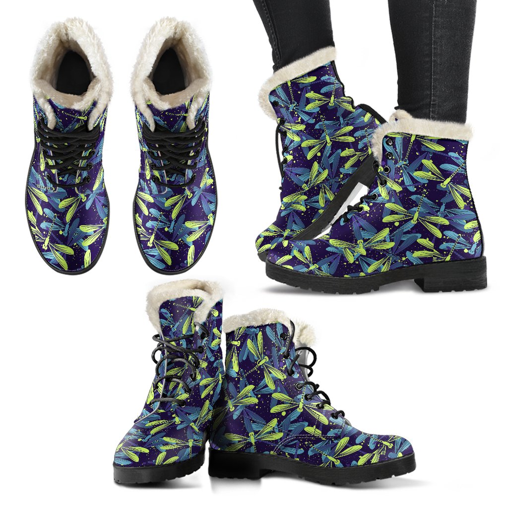 Dragonfly Lime Blue Print Pattern Faux Fur Leather Boots-JTAMIGO.COM