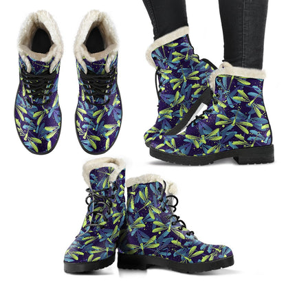 Dragonfly Lime Blue Print Pattern Faux Fur Leather Boots-JTAMIGO.COM