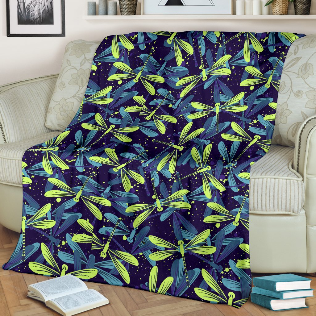 Dragonfly Lime Blue Print Pattern Fleece Blanket
