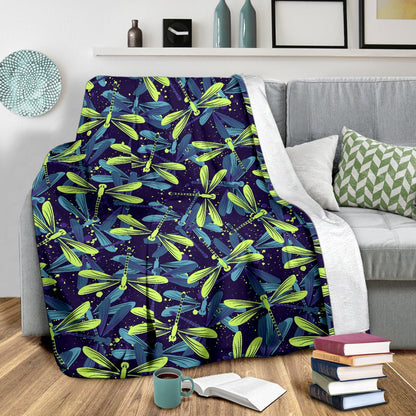 Dragonfly Lime Blue Print Pattern Fleece Blanket