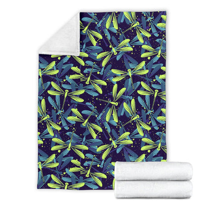 Dragonfly Lime Blue Print Pattern Fleece Blanket