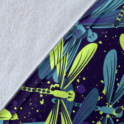 Dragonfly Lime Blue Print Pattern Fleece Blanket