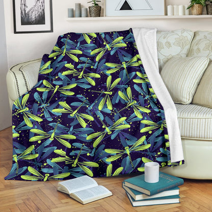 Dragonfly Lime Blue Print Pattern Fleece Blanket