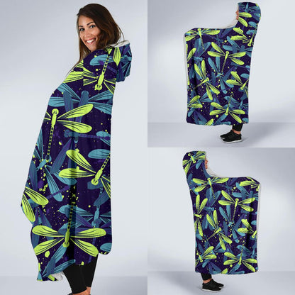 Dragonfly Lime Blue Print Pattern Hooded Blanket-JTAMIGO.COM