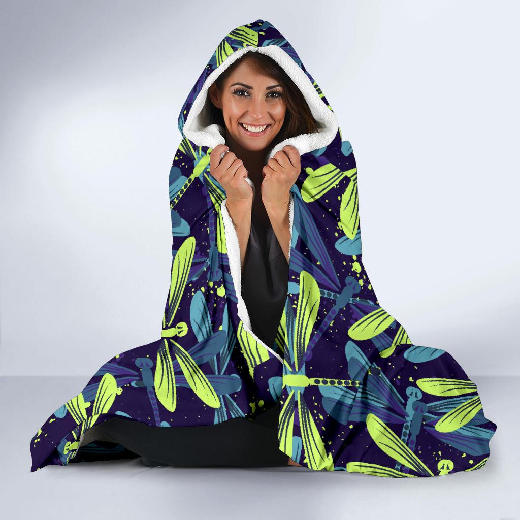 Dragonfly Lime Blue Print Pattern Hooded Blanket-JTAMIGO.COM