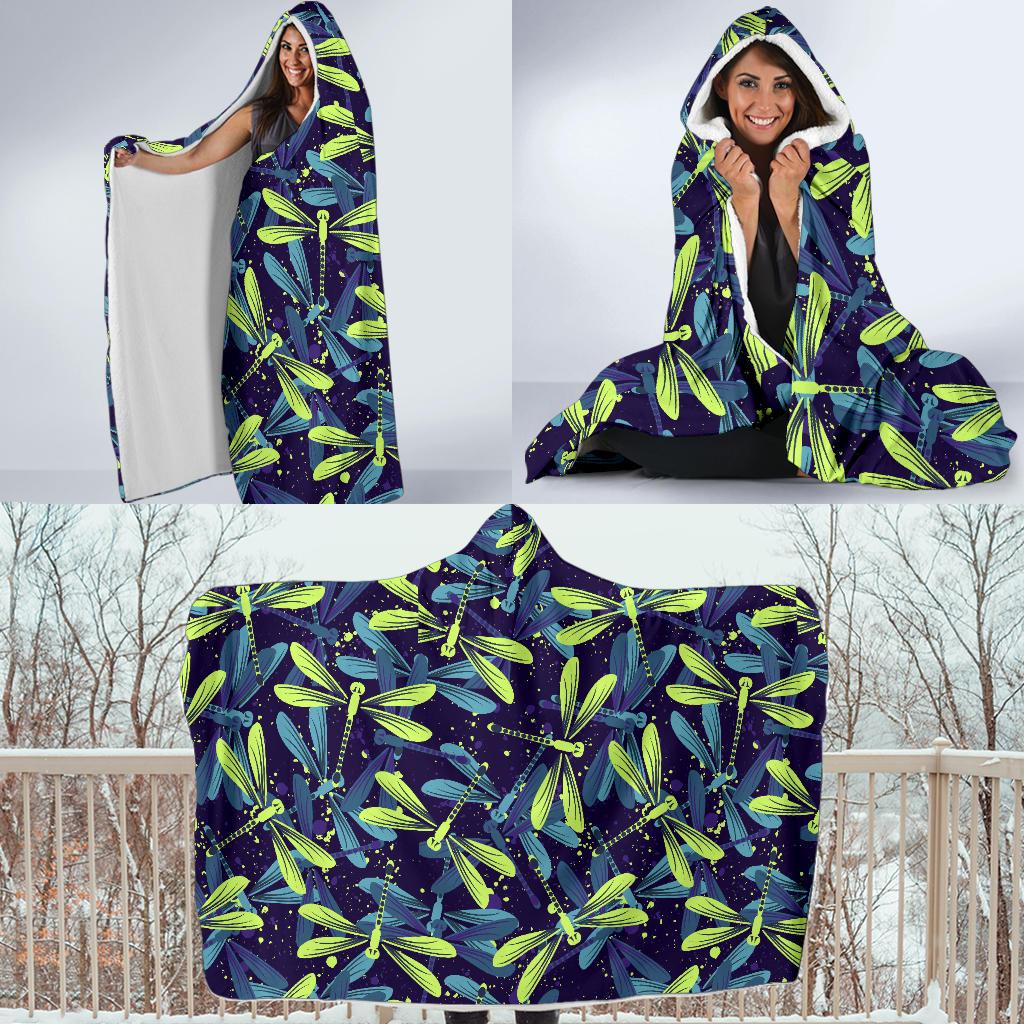 Dragonfly Lime Blue Print Pattern Hooded Blanket-JTAMIGO.COM