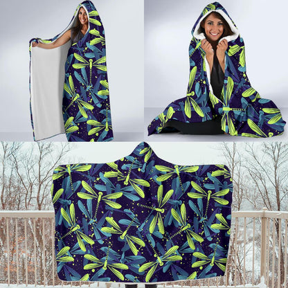 Dragonfly Lime Blue Print Pattern Hooded Blanket-JTAMIGO.COM