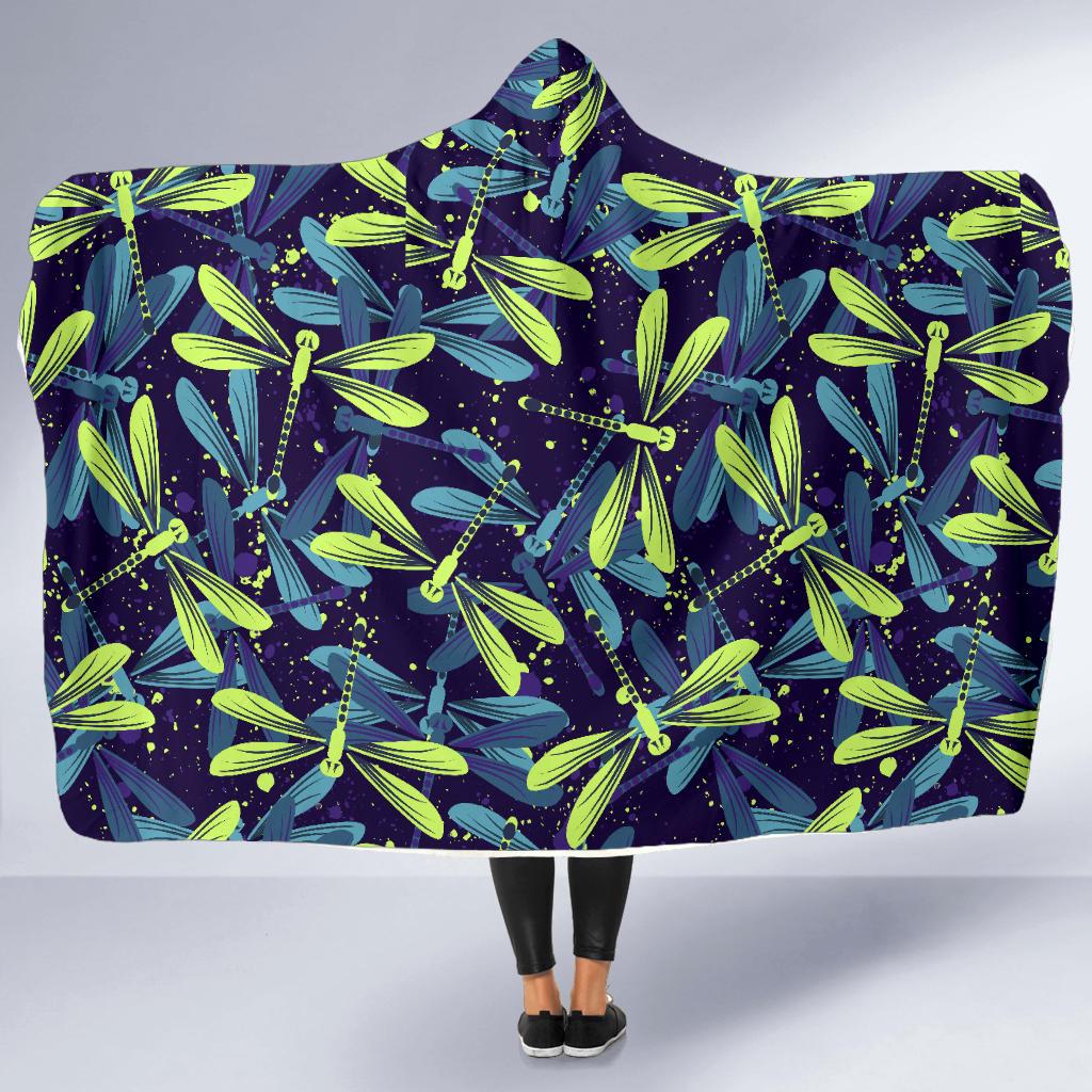 Dragonfly Lime Blue Print Pattern Hooded Blanket-JTAMIGO.COM