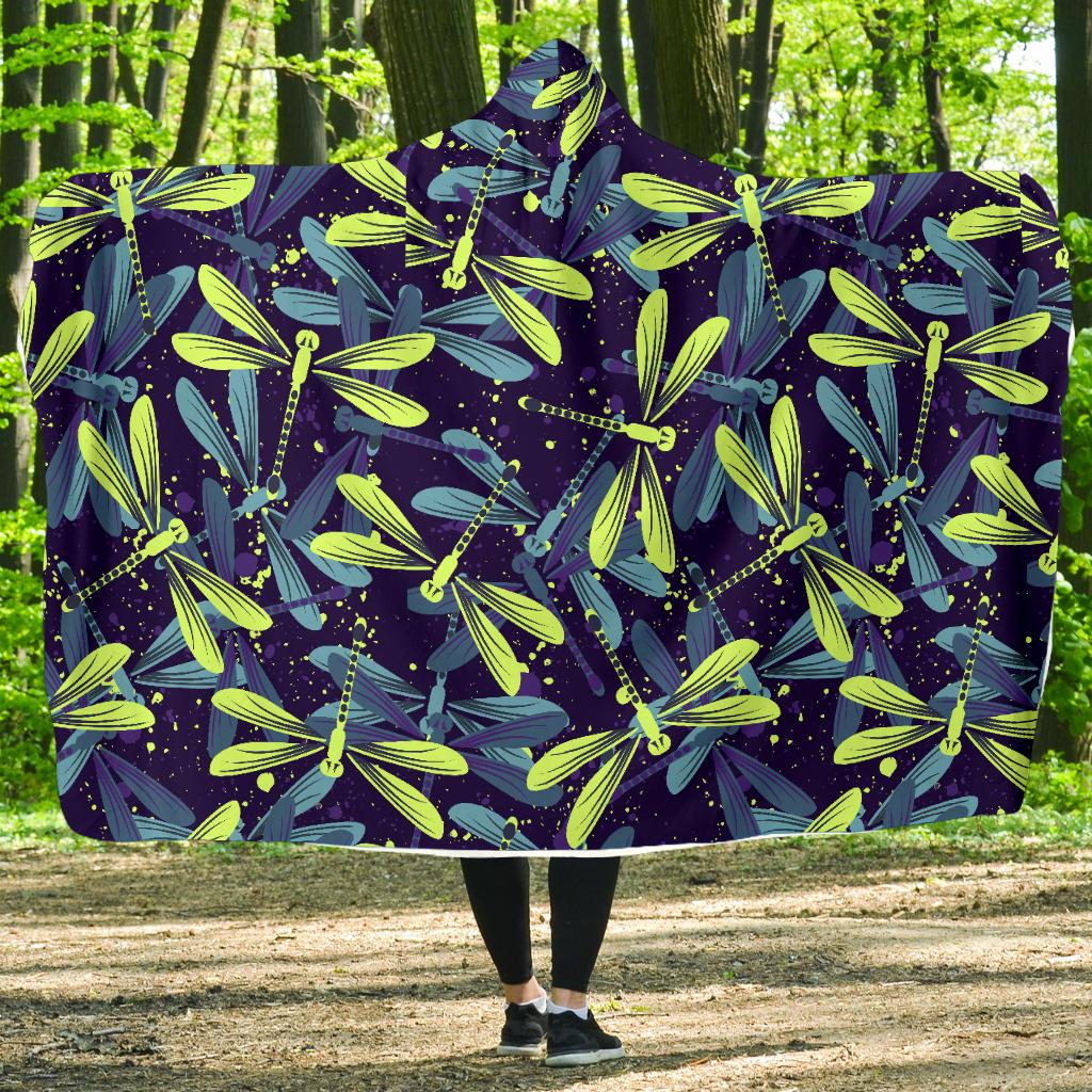 Dragonfly Lime Blue Print Pattern Hooded Blanket-JTAMIGO.COM