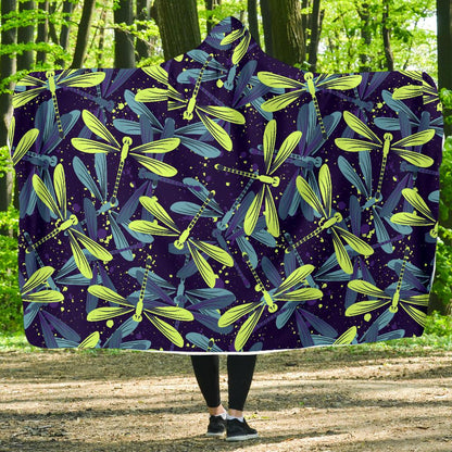 Dragonfly Lime Blue Print Pattern Hooded Blanket-JTAMIGO.COM