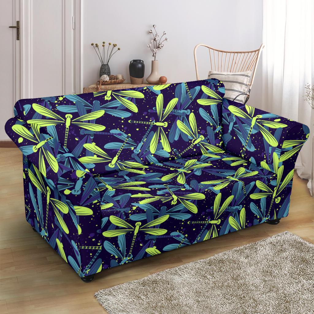 Dragonfly Lime Blue Print Pattern Loveseat Slipcover-JTAMIGO.COM
